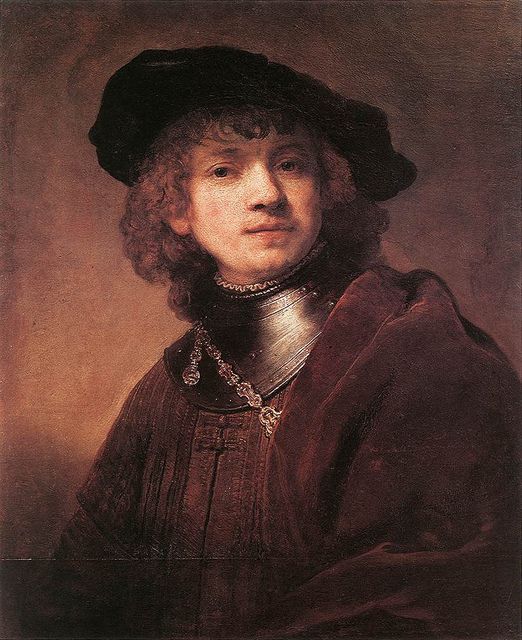 a painting of a man wearing a black hat and chain around his neck is shown