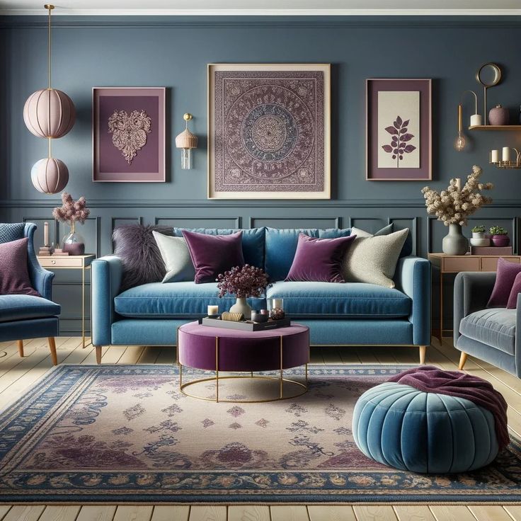 a living room with blue couches, purple chairs and pictures on the wall above them