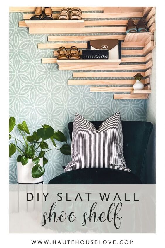 the diy slat wall shoe shelf is made from wood planks