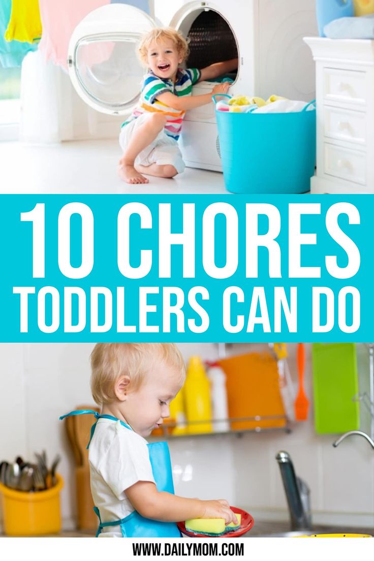 two toddlers playing with toys in the kitchen and on the floor, text reads 10 chores toddlers can do