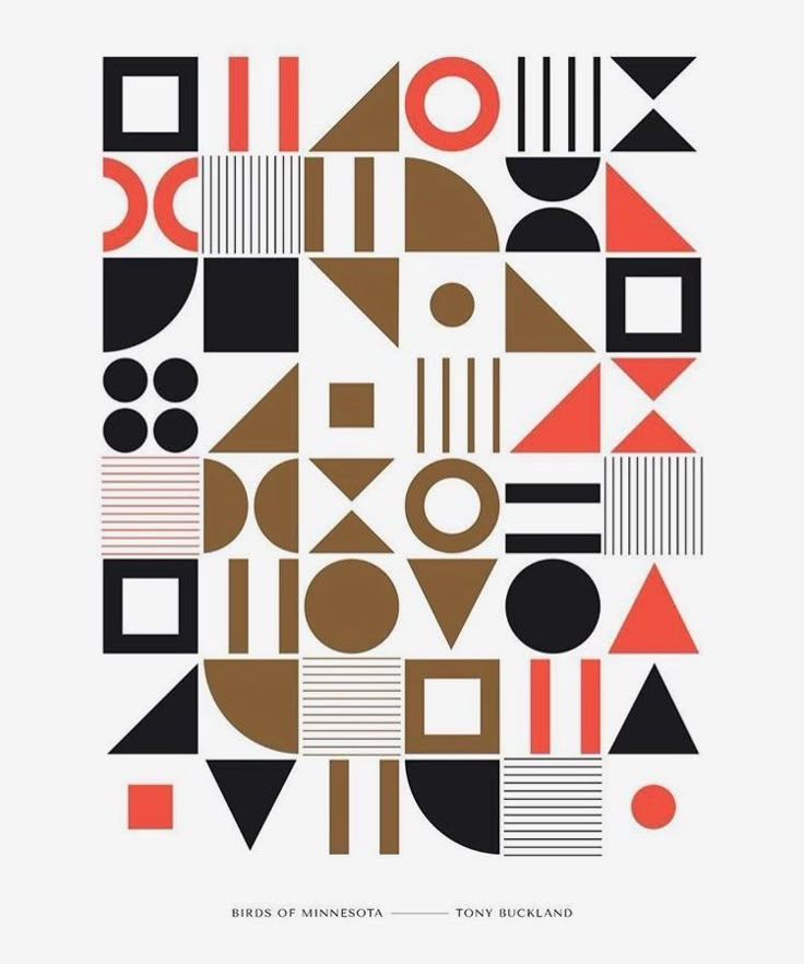 an art print with geometric shapes and lines in brown, red, black and white