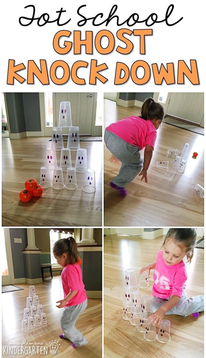 a collage of photos showing how to make a ghost knock down with plastic blocks