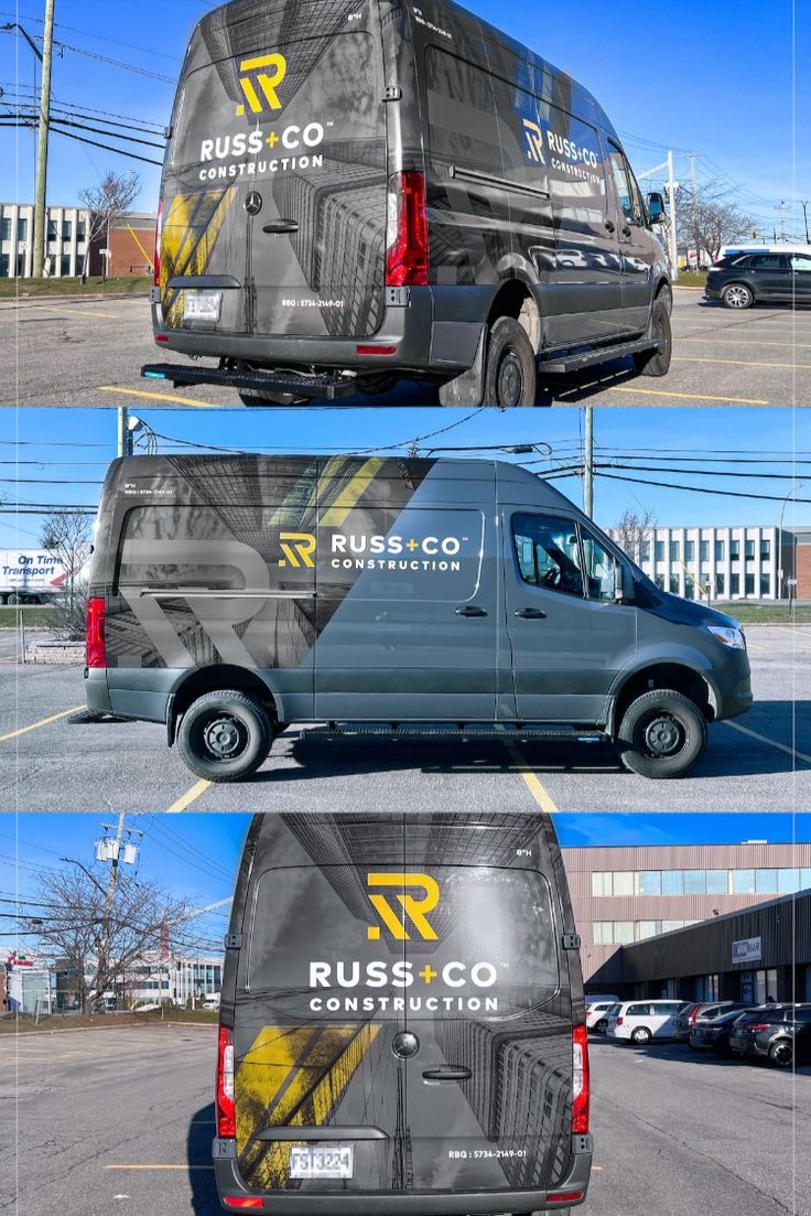 the side and back view of a van parked in a parking lot