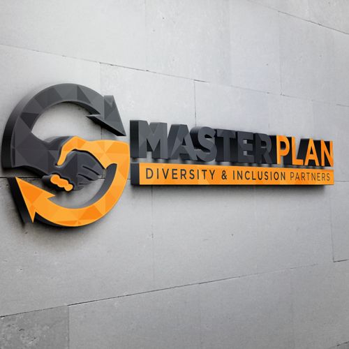 the master plan logo is displayed on a building's exterior wall with an orange and black arrow