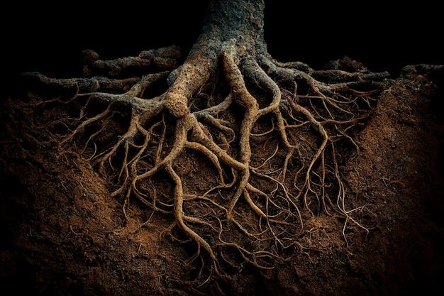 a tree with its roots exposed in the dirt on a black background, it appears to be growing