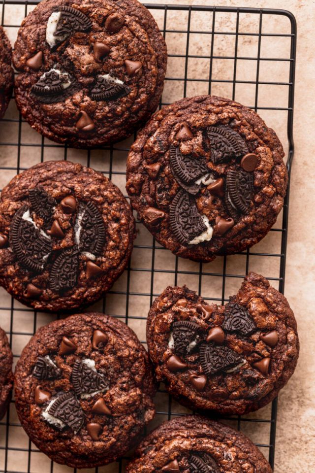 cookies with chocolate chips and oreos on a cooling rack