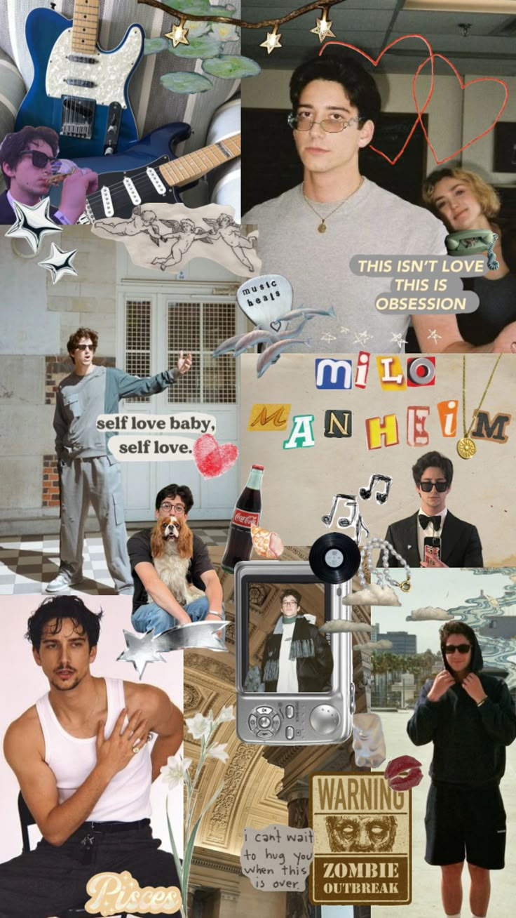 the collage has many different pictures and words on it, including an image of a man