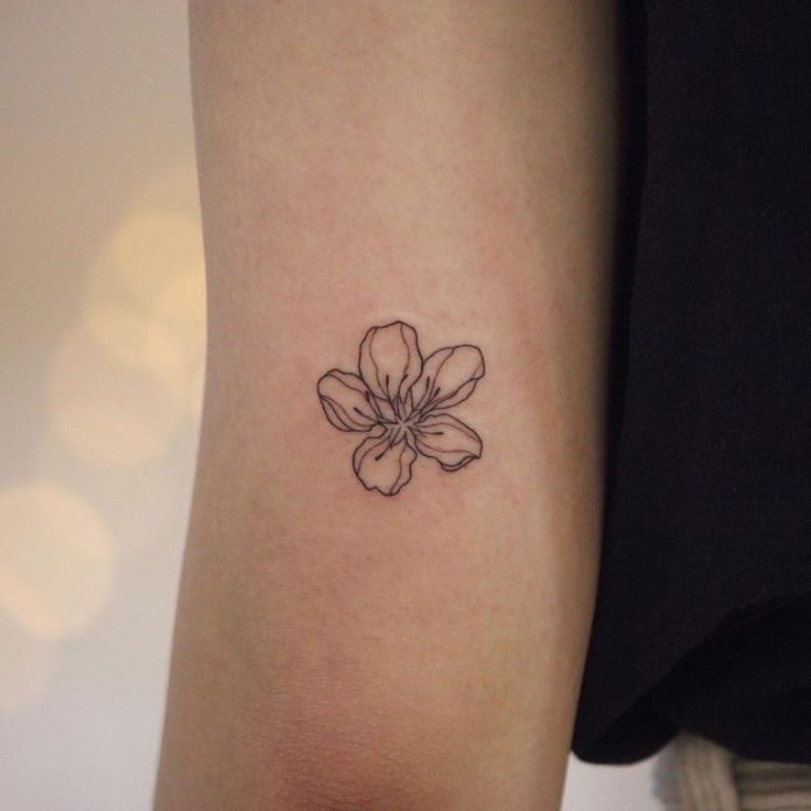 a small black and white flower tattoo on the right arm, with an outline of a flower behind it