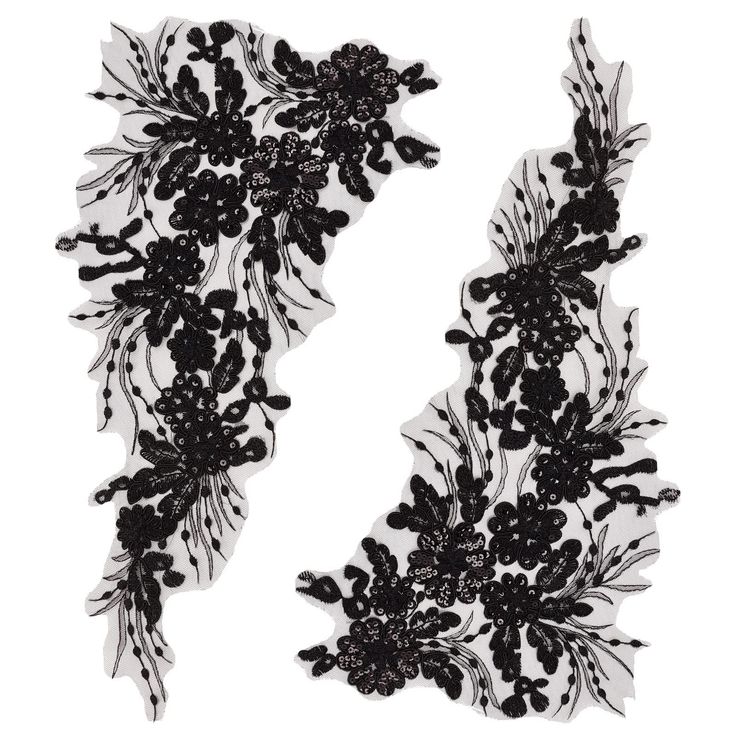 two pieces of black lace with flowers and leaves on white background, side by side