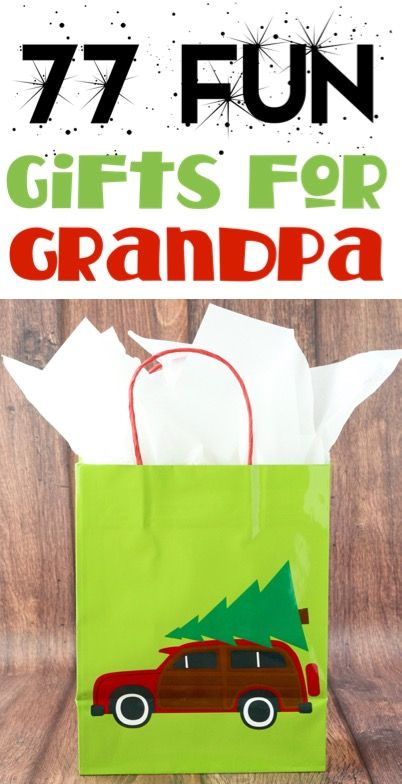 a green bag with a red car on it and the words 7 fun gifts for grandpa