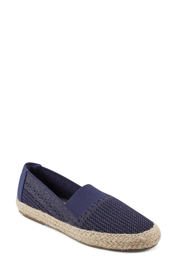 Mixed textures and a stretchy topline lend modern elements to an espadrille-inspired flat set on a cushioned footbed and jute-wrapped midsole. Cushioned footbed Textile and synthetic upper/textile lining/synthetic sole Imported Textile Slip-ons With Textured Sole For The Beach, Slip-on Synthetic Espadrilles For Beach, Casual Synthetic Espadrilles With Textured Sole, Synthetic Slip-on Espadrilles With Textured Sole, Textile Slip-on Espadrilles With Textured Sole, Casual Textile Espadrilles With Woven Sole, Synthetic Slip-on Espadrilles With Woven Sole, Flat Espadrille Slip-ons With Woven Sole, Flat Heel Synthetic Espadrilles With Cushioned Footbed