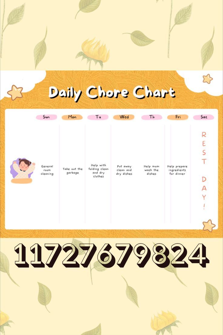 the daily chore chart is shown in yellow and white with green leaves on it