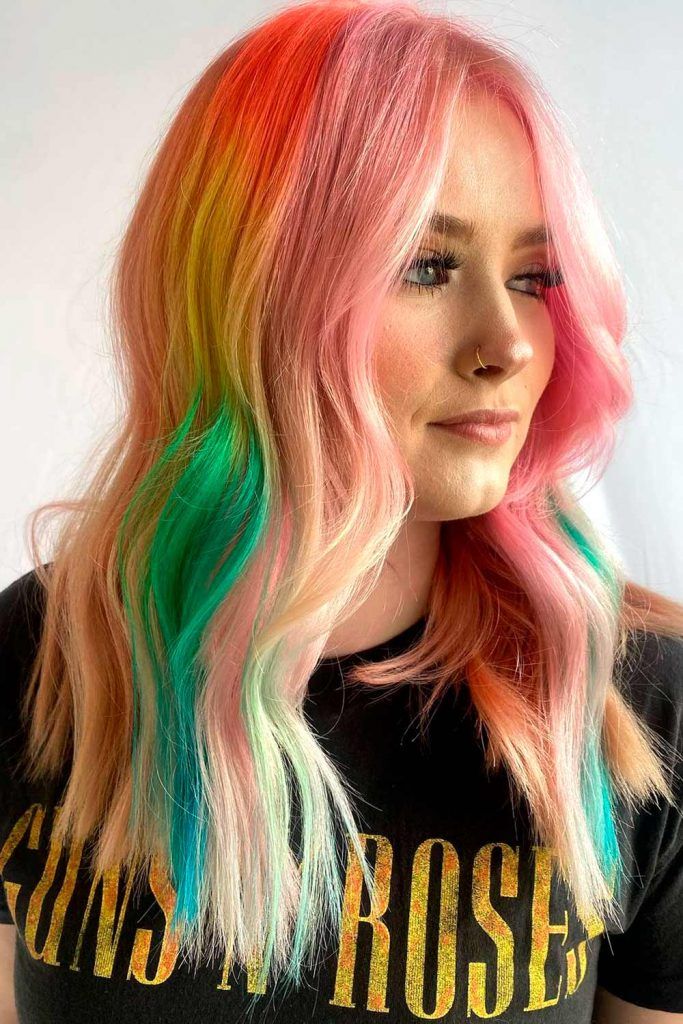 Rainbow Hair Color Ideas To Achieve a Bright Look ★ Rainbow Hair Color Ideas, Oil Slick Hair, 40 & Fabulous, Vivid Hair Color, Rainbow Hair Color, Caramel Blonde, Caramel Hair, Hair Creations, Bright Hair