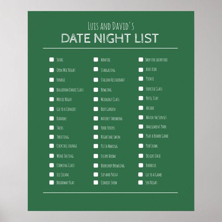 a date night list is displayed on a wall