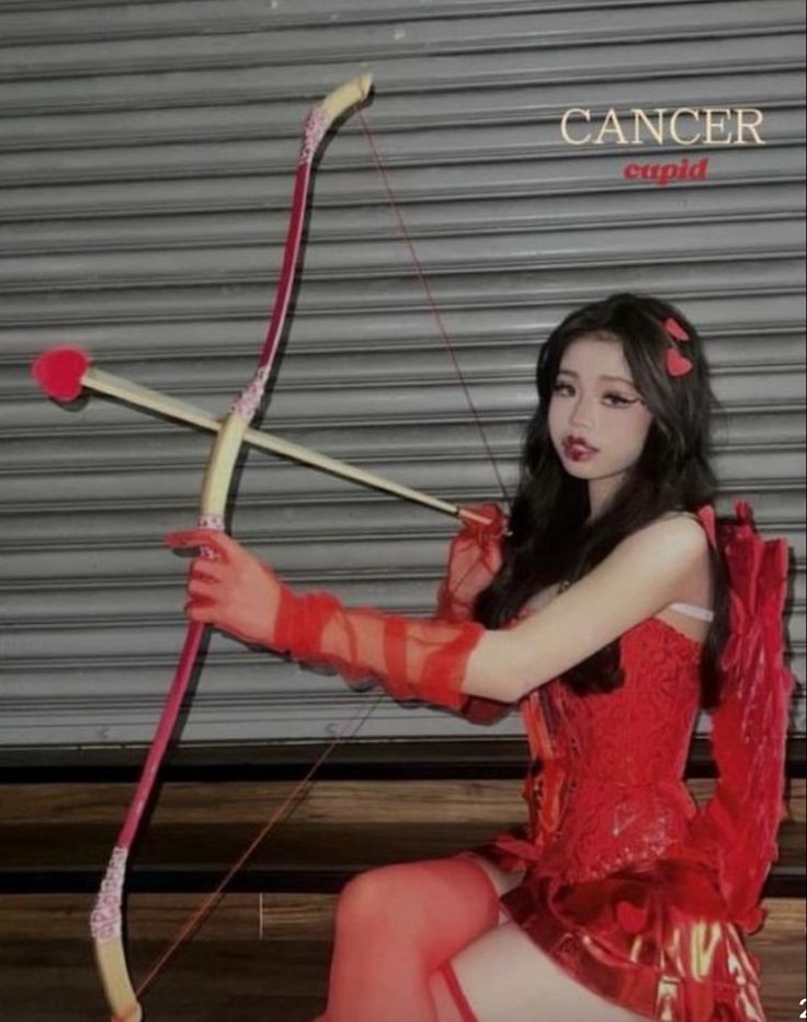 a woman dressed in red is holding a bow and arrow while sitting on the ground