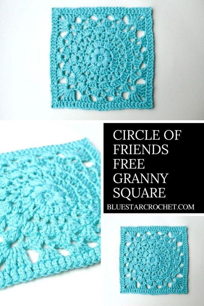 the crocheted granny square is shown in blue