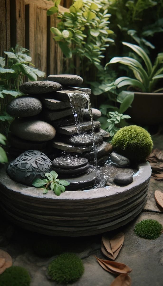 a water fountain surrounded by rocks and plants