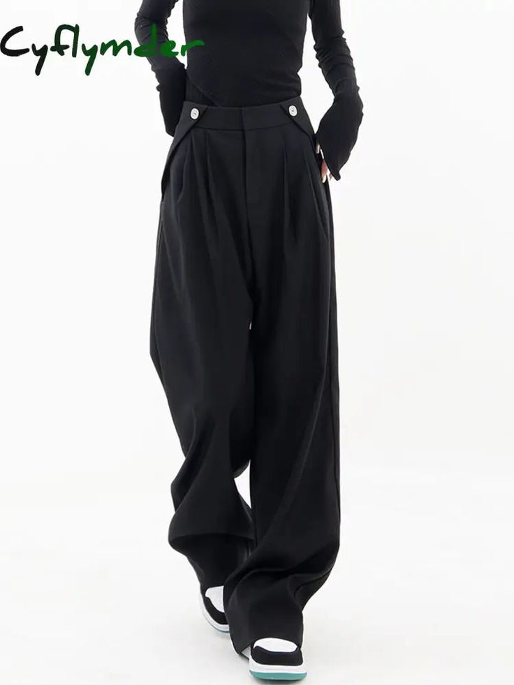 Cyflymder- Casual Wide Leg Pants Black / Xs Black Wide Leg Bottoms With Button Zip Fly, Black Button Zip Fly Bottoms For Work, Black Bottoms With Button Zip Fly For Work, Black Wide Leg Pants With Button Zip Fly, Black Pants With Button Zip Fly For Work, Black Workwear Bottoms With Button Zip Fly, Black Stretch Bottoms With Button Closure, Black Cotton Pants With Button Closure, Baggy Full-length Bottoms For Workwear