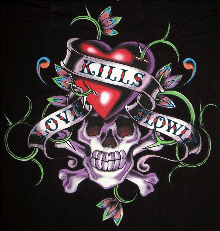 a skull with a heart and two roses on it's chest is shown in this image