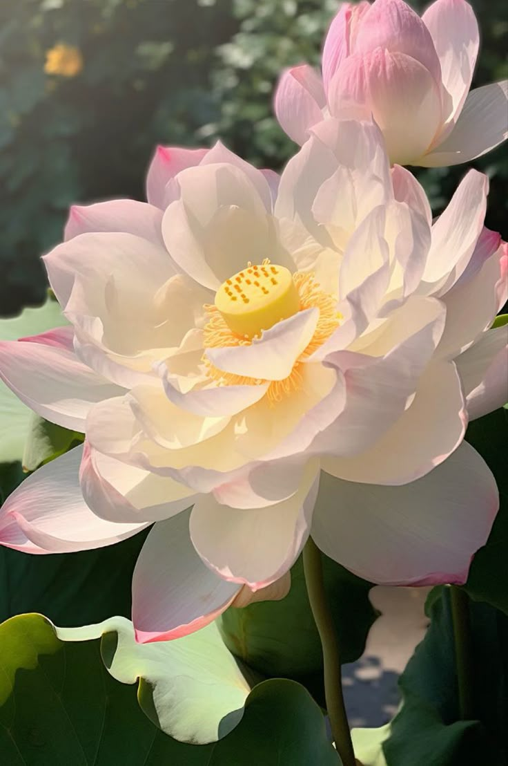 a large pink flower sitting on top of a lush green leaf covered field with lots of leaves