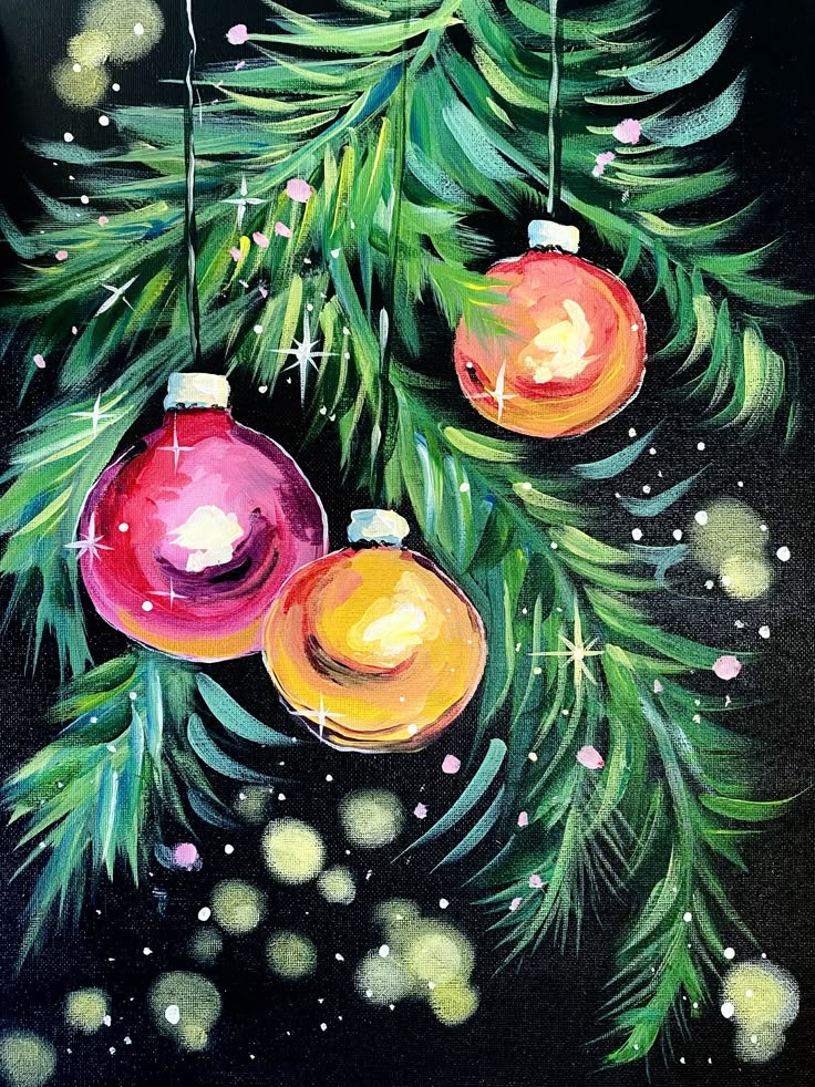 a painting of christmas ornaments hanging from a tree