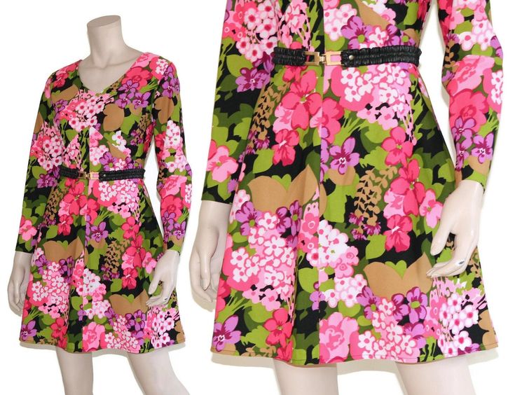 "This 60s era go go dress features a delightful pink floral print, fit-n-flare silhouette, long sleeves, and mini length skirt. Just needs some go go boots to complete the look! Dress is unlined and zips up back. Best fits size small or medium (please check measurements below). Belt not included. Approximate Flat Measurements: Multiply times 2 for bust, waist, and hip measurements. For best fit, compare with a similar style of clothing which you already own. Total Length: 33.75\" Shoulder to Sho Retro Fitted Floral Dress For Spring, 1970s Style Mini Dress For Spring, Pink Mod Dress For Spring, Spring Floral Print Mod Mini Dress, Mod Floral Print Spring Dress, Spring Floral Print Mod Dresses, Mod Style Floral Print Spring Dress, Go Go Dress, Pink Floral Mini Dress