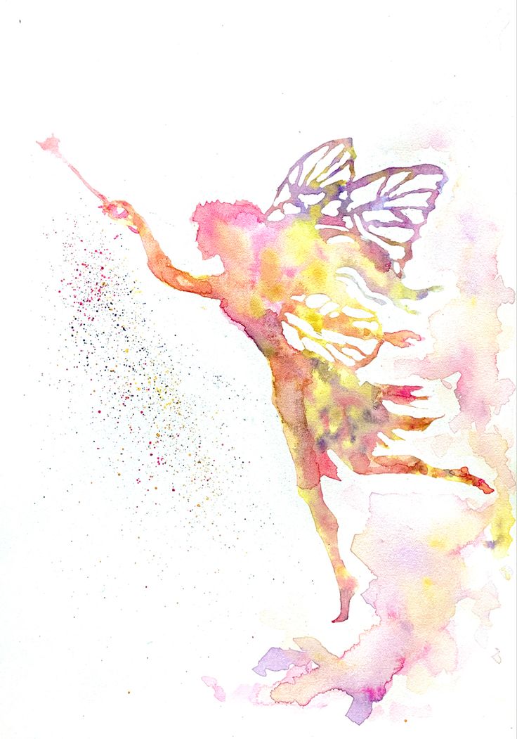 a watercolor painting of a fairy holding a wand in her hand and flying through the air