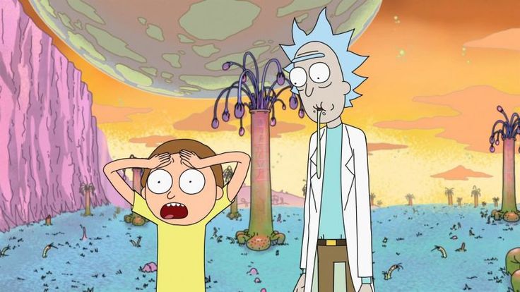 the rick and mort cartoon is standing next to each other in front of an alien planet