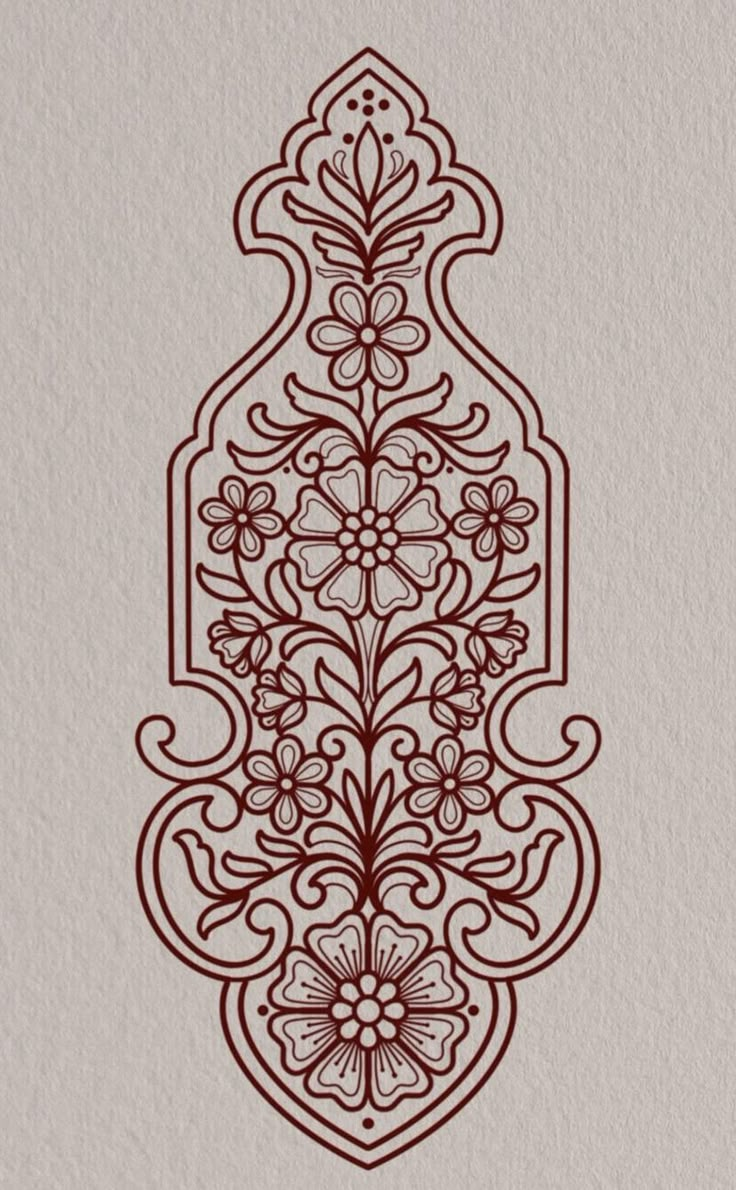 an intricately designed wallpaper with flowers and leaves in red ink on white paper