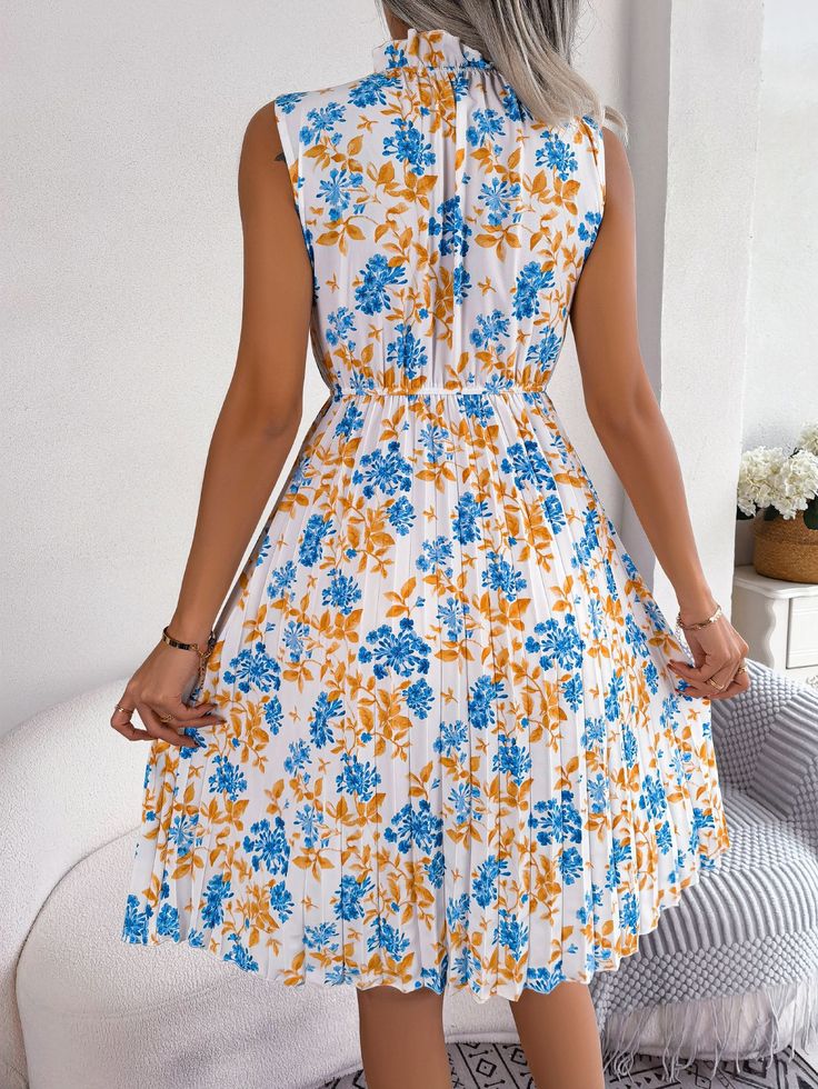 Elegant Floral Cinched Pleated Dress - Royal Blue,XL Casual A-line Maxi Dress With Smocked Back, White Pleated Summer Dress, Casual Floral Dress With Smocked Back For Day Out, Casual Smocked Dress For Garden Party, Casual A-line Midi Dress With Pleated Waist, Casual Pleated Dress For Spring, Casual Knee-length Floral Dress For Daywear, Pleated Sleeveless Dress For Vacation, Spring Dress With Pleated Waist For Day Out