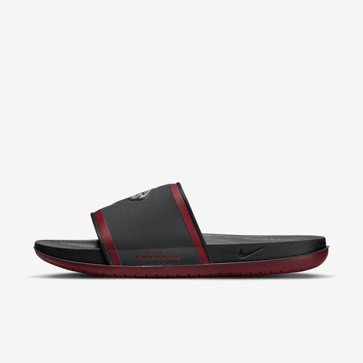 Cheer your team to victory in comfort with the Nike Offcourt (NFL Atlanta Falcons) Slide. A cushy synthetic leather strap features your team’s logo, while an innovative foam midsole makes this slide so comfy, you’ll never want to take it off. Casual Black Sport Sandals For Training, Black Casual Slides For Training, Casual Black Slides For Training, Casual Slip-resistant Slides For Training, Nike Sport Sandals For Sports, Nike Leather Sport Sandals With Cushioned Footbed, Sporty Slide Sport Sandals For Sports, Casual Synthetic Sport Sandals For Training, Casual Black Slides For Water Sports