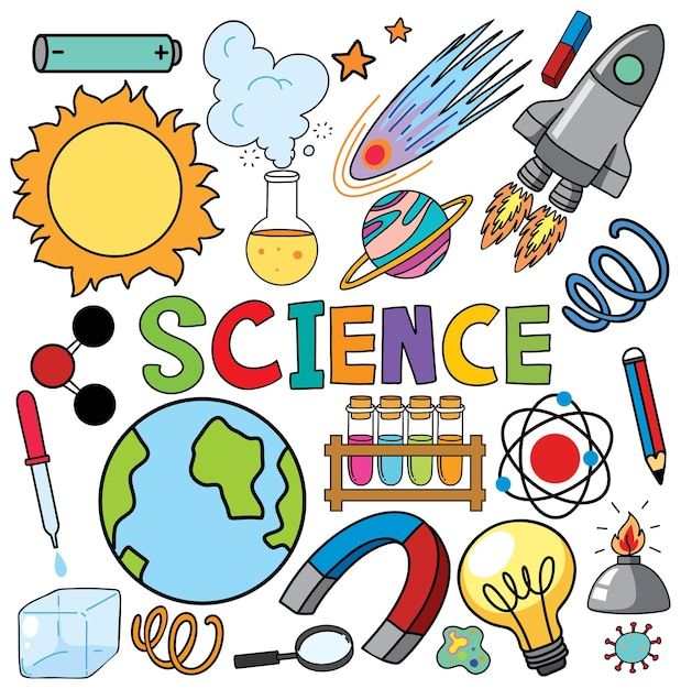 the word science surrounded by various school related items