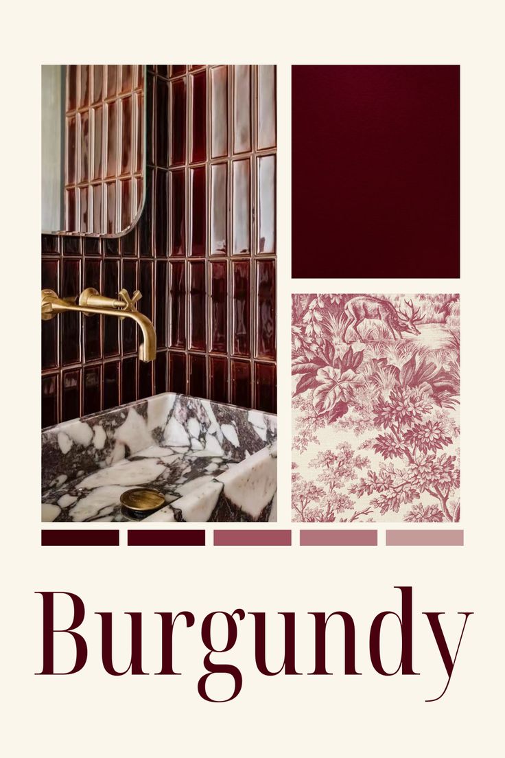 a bathroom with marble counter tops and maroon wallpaper, along with the words burgundy