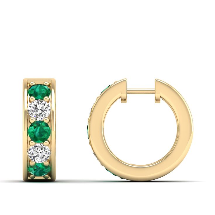 These exquisite emerald and diamond hoop earrings are a stunning addition to any jewelry collection. Crafted with precision and attention to detail, the vibrant emeralds are elegantly complemented by the sparkling diamonds, creating a luxurious and sophisticated look that is perfect for any occasion. Metal: 14K Gold Setting Type: Prong Rhodium Finish: Yes, on White Gold Gemstone Details: Gemstone: Emerald Shape: Round Average Dimensions: 3.00 MM Quantity: 06 Average Cut: Very Good Average Color: Elegant Green Hoop Huggie Earrings, Anniversary Green Diamond Earrings, Emerald Earrings With Diamond Accents, Elegant Emerald Huggie Hoop Earrings, Fine Jewelry Emerald Diamond Earrings, Elegant Emerald Jewelry With Channel Set, Emerald Diamond Earrings For Anniversary, May Birthstone, Emerald Yellow Gold Diamond Earrings Fine Jewelry, Emerald Yellow Gold Diamond Earrings