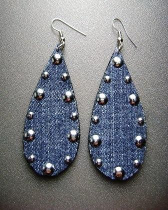 two pairs of denim earrings with silver balls on them