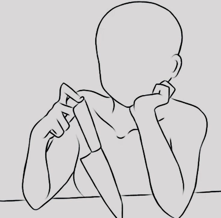 a black and white drawing of a person sitting at a table with his hand on his face