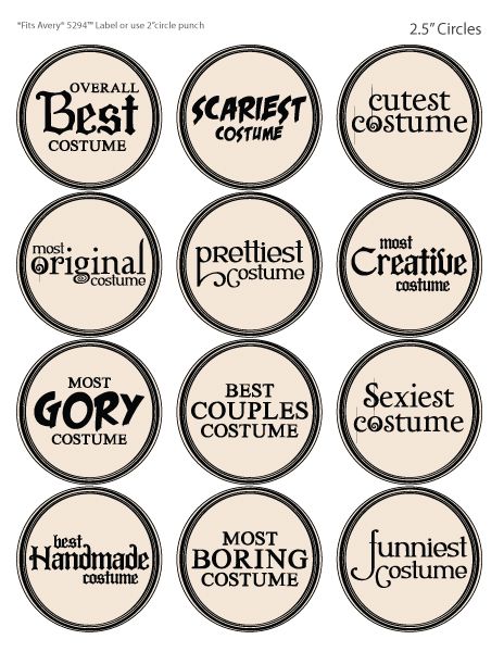 twelve different badges with the names of various costumes and words on them, all in black and white