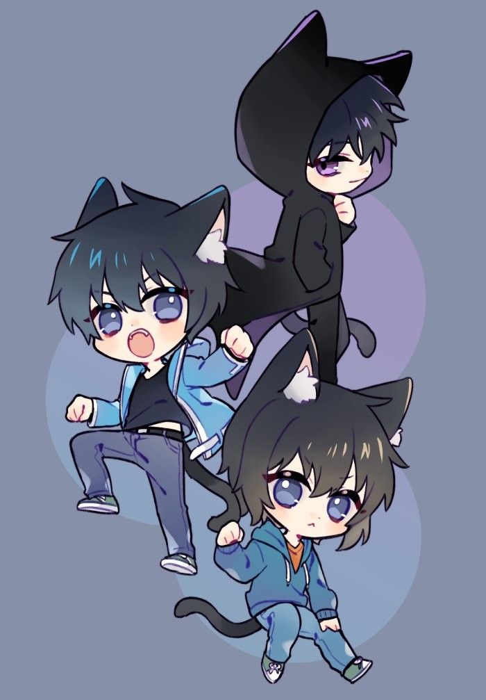 three anime characters with cats on their backs