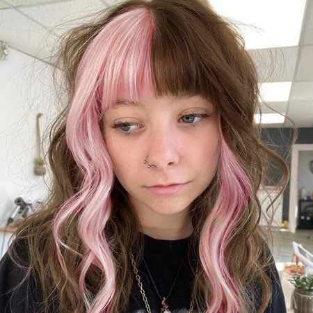 Brown And Pink Split Hair Dye, Asymmetrical Split Dye Hair, Asymmetrical Dyed Hair, Split Dyed Hair Pastel, Split Peekaboo Hair, Quadrant Dyed Hair, Pink Hair With Blonde Front Pieces, Split Dye Front Strands, Coloured Bangs Hair