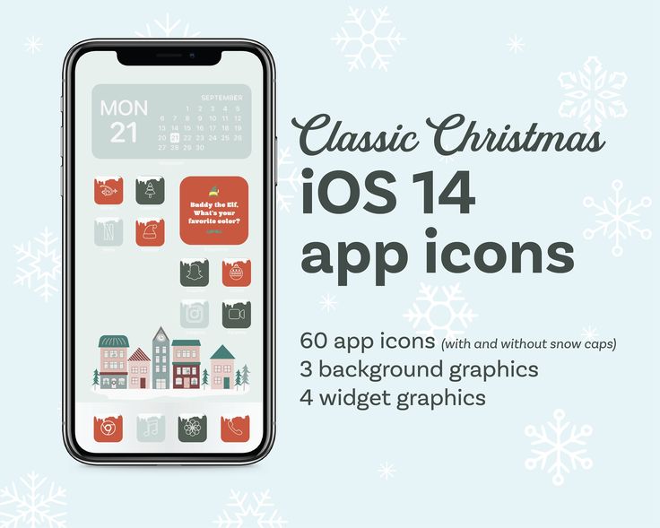 an iphone with the text classic christmas icons on it and snowflakes in the background