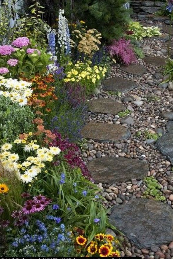 a garden with lots of flowers and rocks