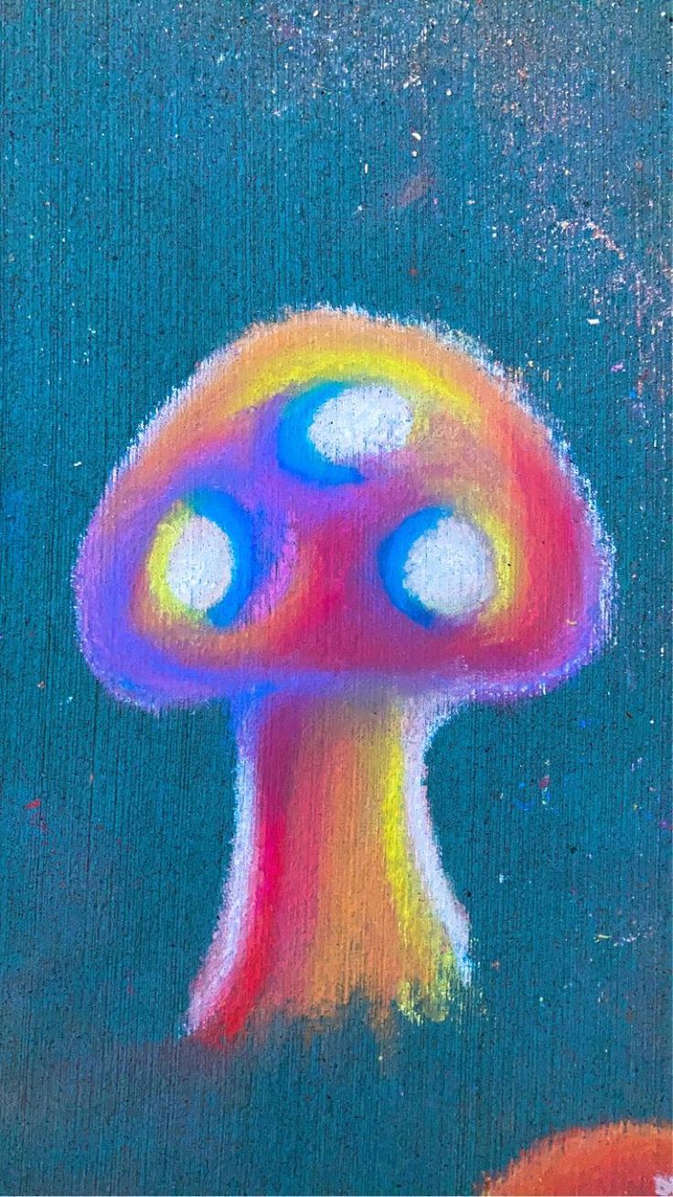 a painting of a colorful mushroom on a blue background