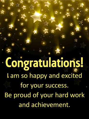 congratulations card with gold stars and sparkles on black background, says congratulations i am so happy and excited for your success