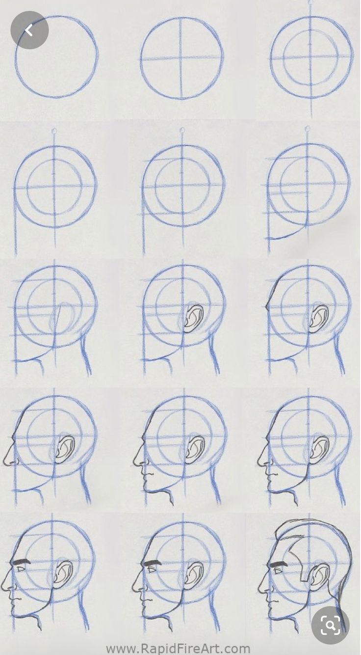 the steps to draw a man's head with different angles and hairline shapes