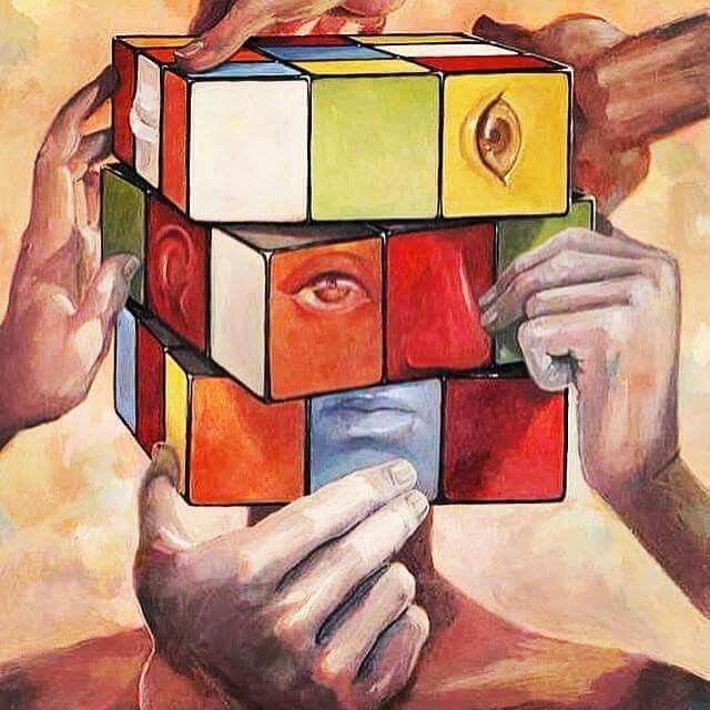 a painting of a person holding a rube cube in front of their face and hands