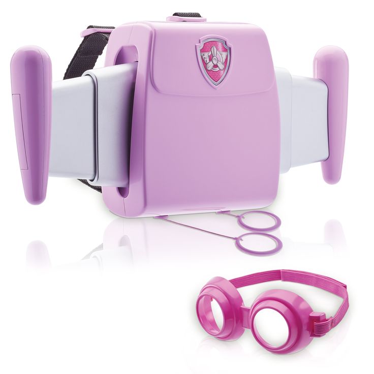 a purple and white toy camera with pink goggles on it's side, next to its packaging