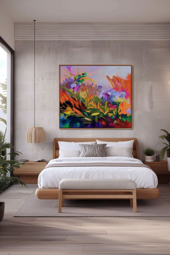 a bedroom with a large painting on the wall above the bed and potted plants