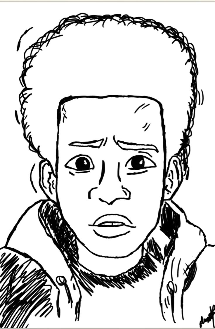 a black and white drawing of a man's face with an afro haircut