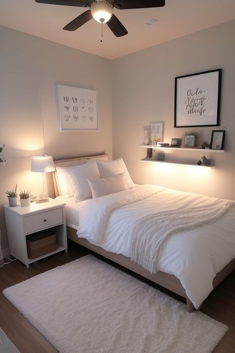 a bedroom with white bedding and pillows