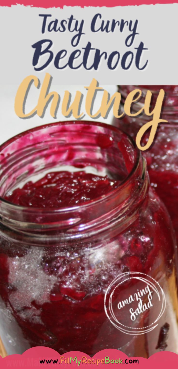 two jars filled with beetroot chutney sitting on top of a table